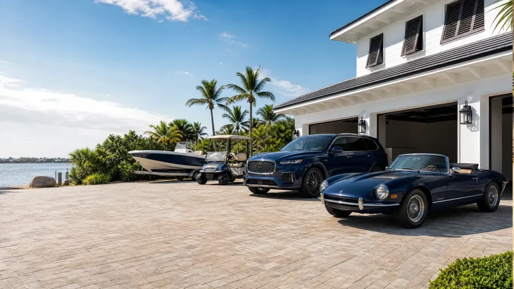 Boat, golf cart, SUV, and convertible at a Florida waterfront home.