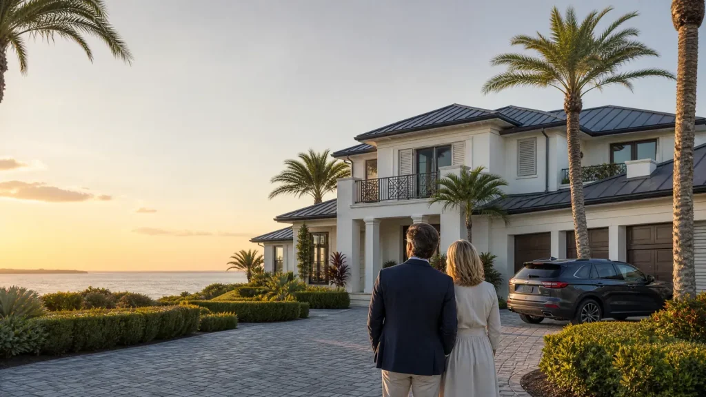 Florida homeowners looking at a waterfront home with an SUV.