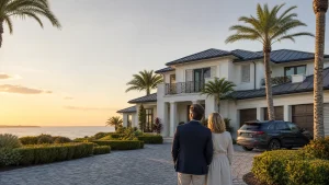 Florida homeowners looking at a waterfront home with an SUV.